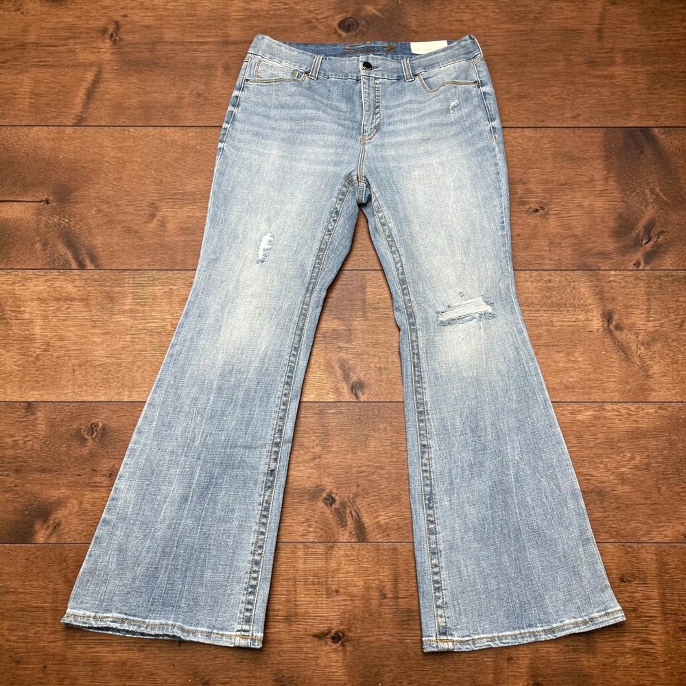 NEW Seven7 Limited Edition Tummyless Flare Jeans Light Wash Distressed Womens 18